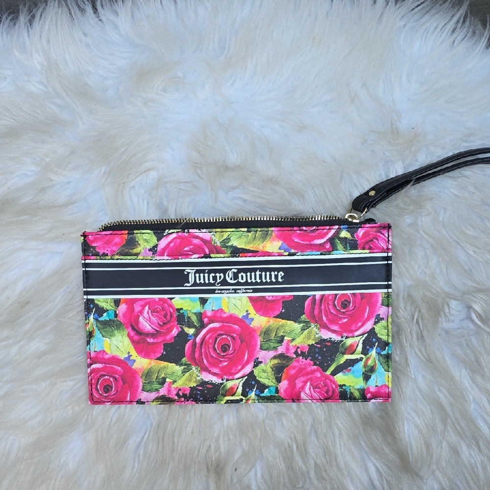 Juicy Couture Black Multi Rose Gothic Logo Stripe Wristlet Wallet Floral Flowers - Picture 2 of 9